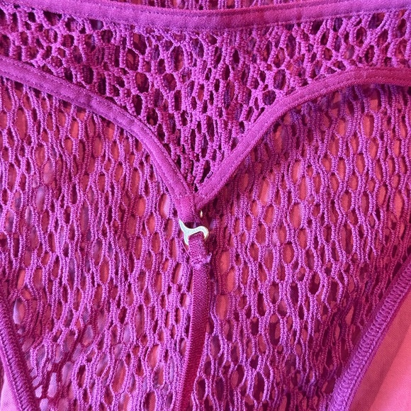 RARE VS, Open back Maroon Mesh Bandeau Bodysuit w/ Tropical Flower Detail - Picture 4 of 10